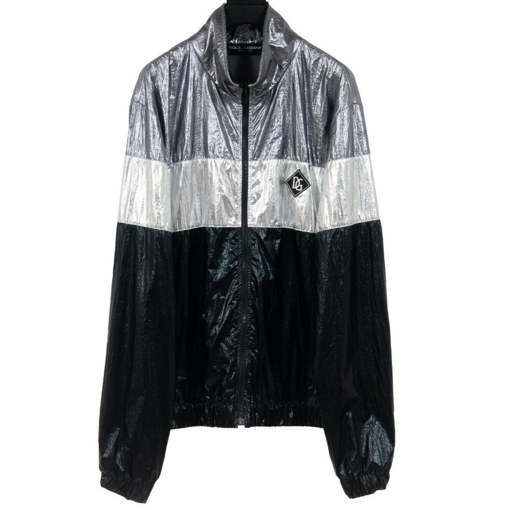Dolce & Gabbana Mens Logo Windbreaker Jacket Size 50 Metallic Silver Black Grey